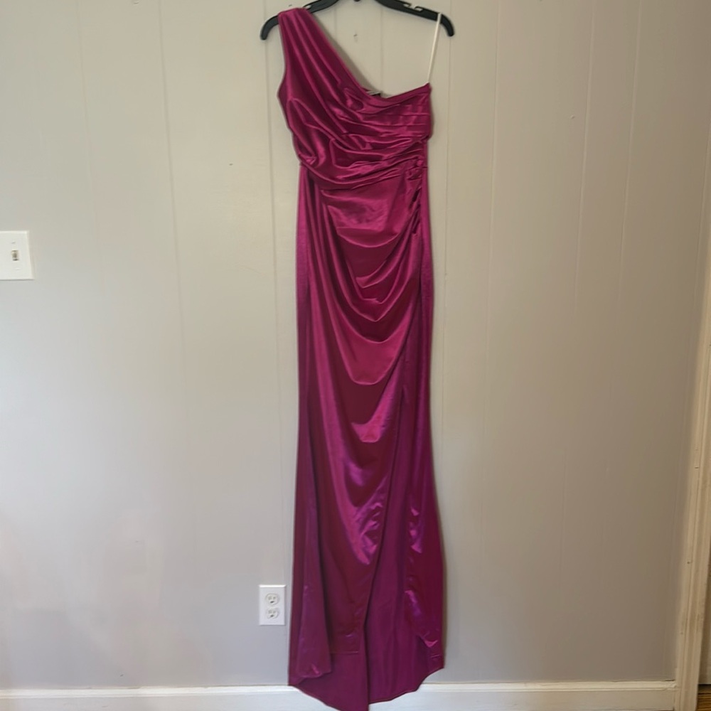 Fuschia satin one shoulder